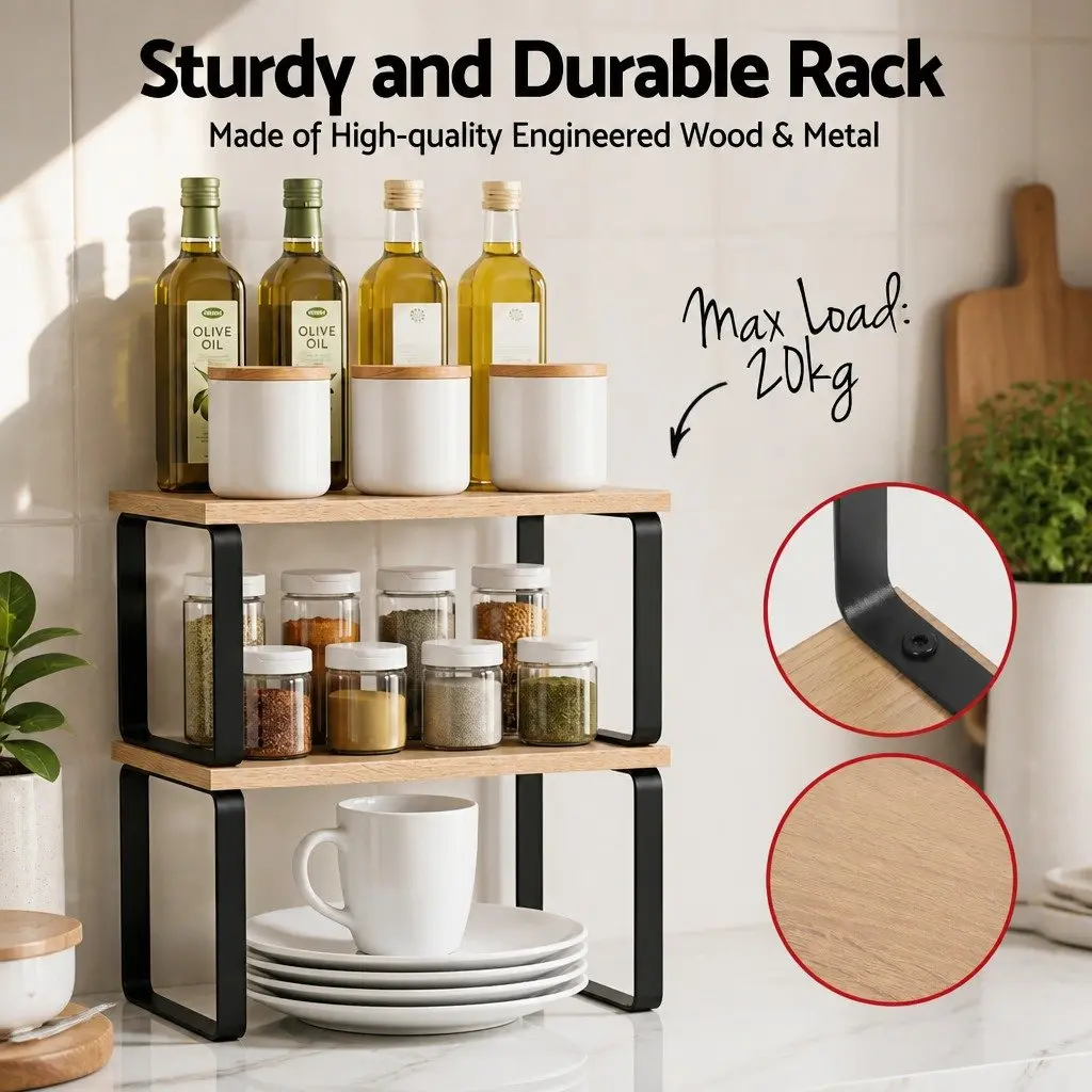 Kitchen Storage Shelves Rack Organiser Pine Wood Metal 2 Piece
