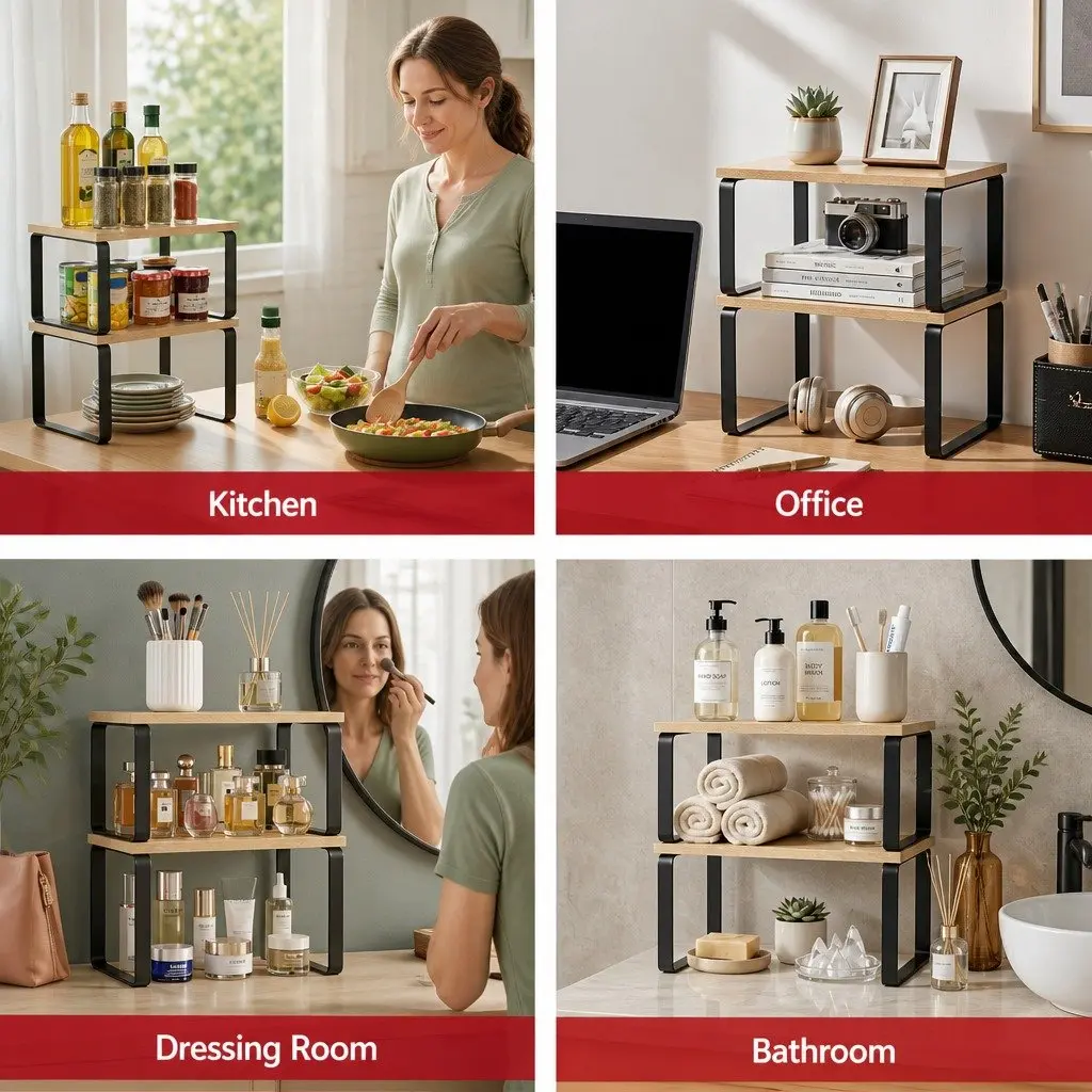 Kitchen Storage Shelves Rack Organiser Pine Wood Metal 2 Piece