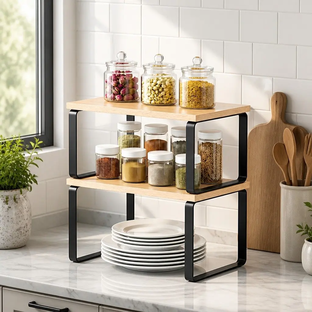 Kitchen Storage Shelves Rack Organiser Pine Wood Metal 2 Piece