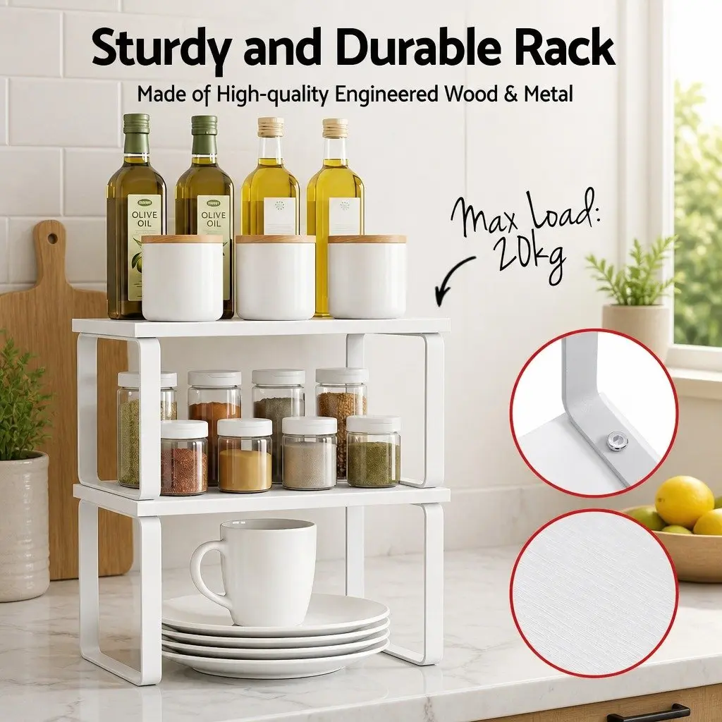 Kitchen Storage Shelves Rack Organiser Set of 2 Powder-coated Carbon Steel White