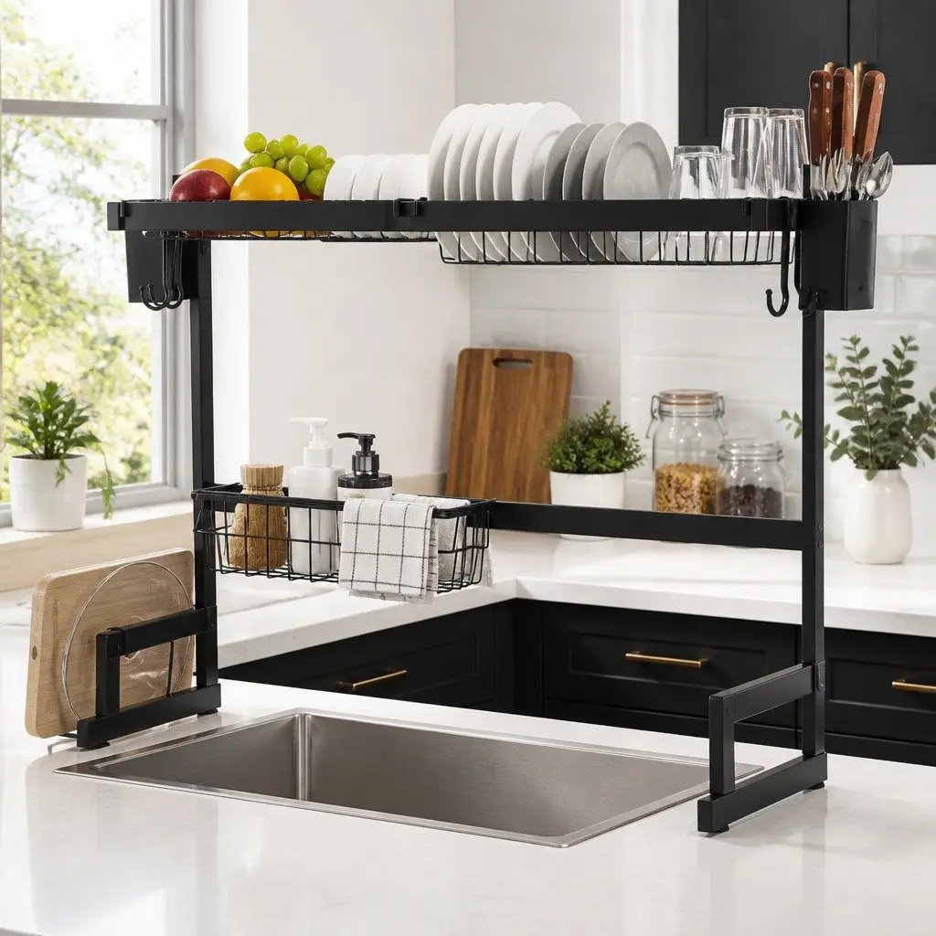 Dish Drying Rack 2 Tier Carbon Steel Over Sink Organiser Black