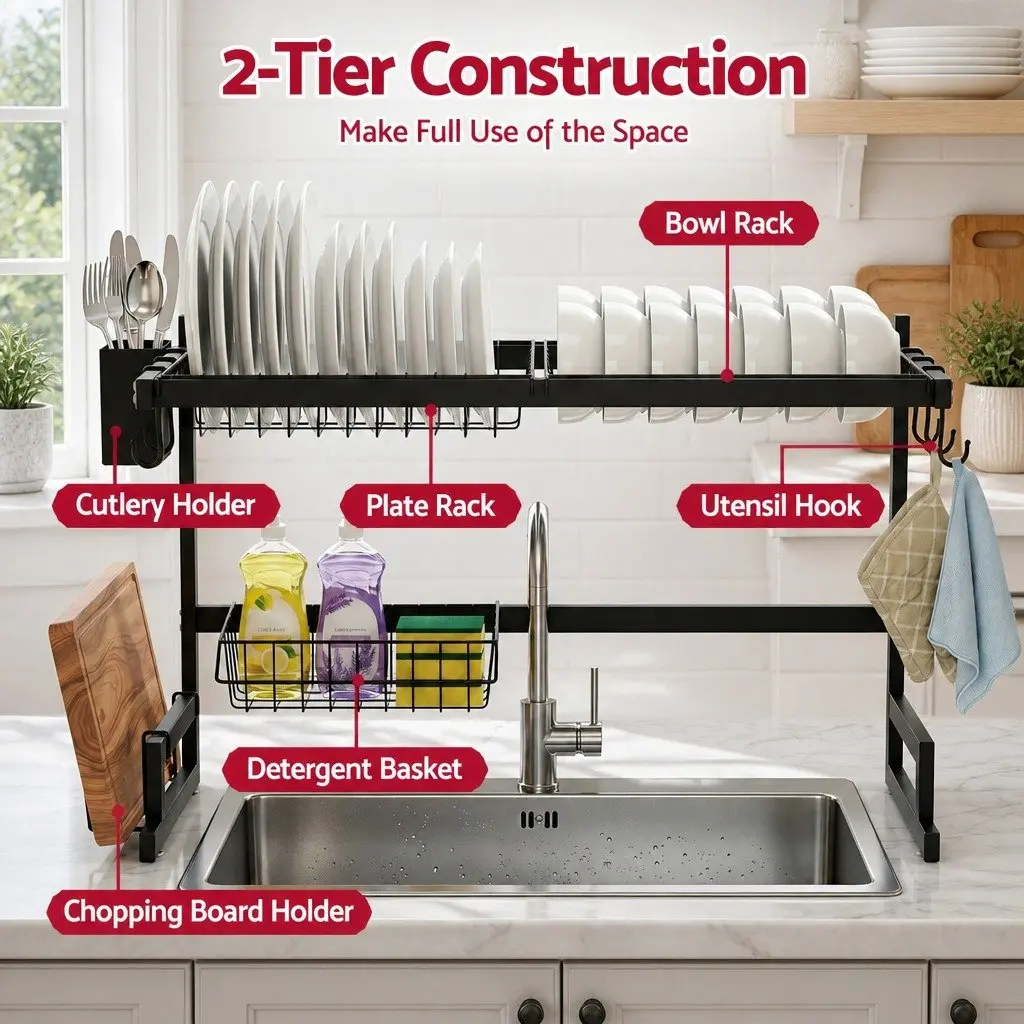 Dish Drying Rack 2 Tier Carbon Steel Over Sink Organiser Black