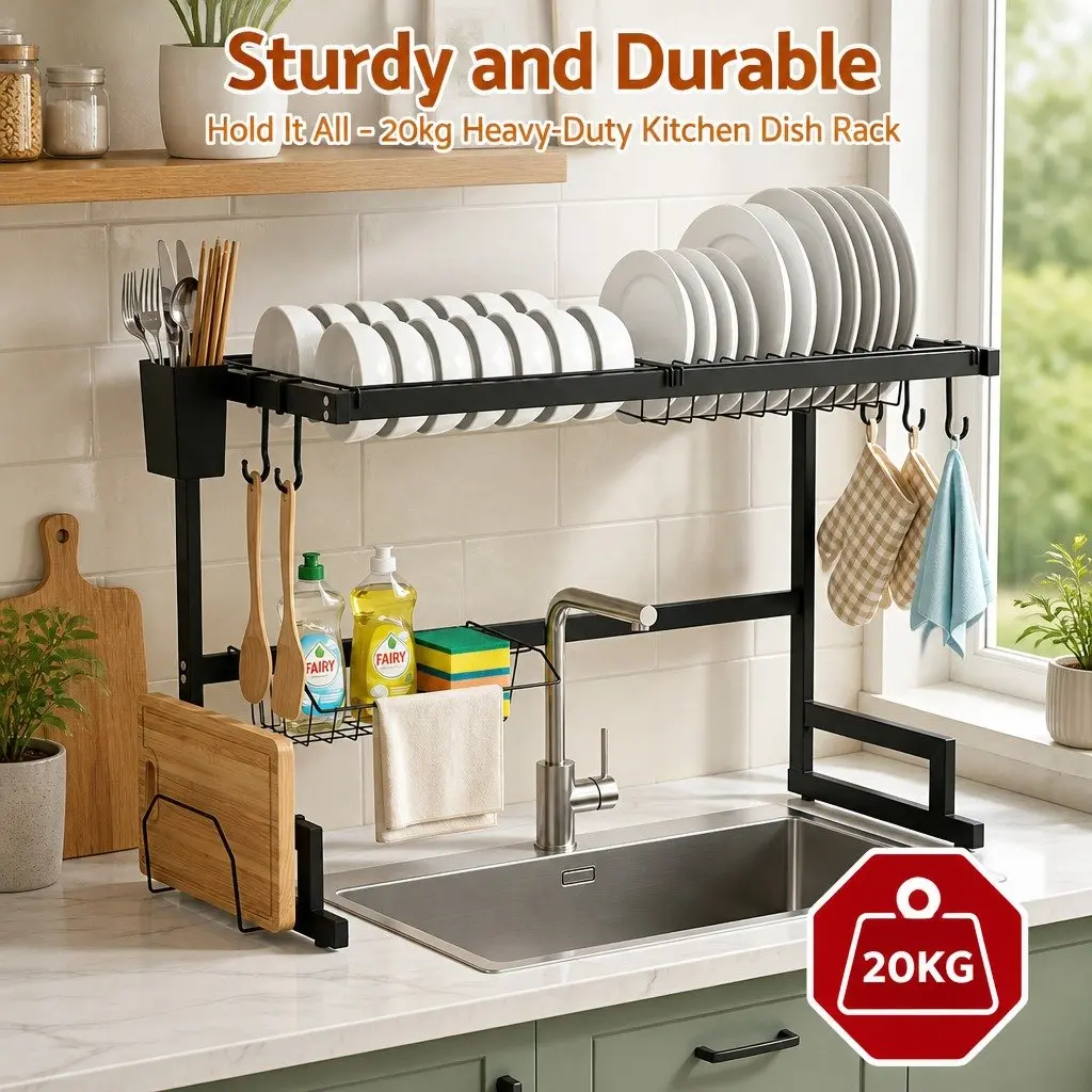 Dish Drying Rack 2 Tier Carbon Steel Over Sink Organiser Black