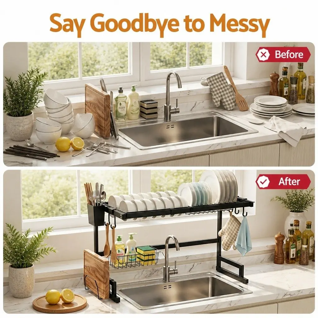 Dish Drying Rack 2 Tier Carbon Steel Over Sink Organiser Black