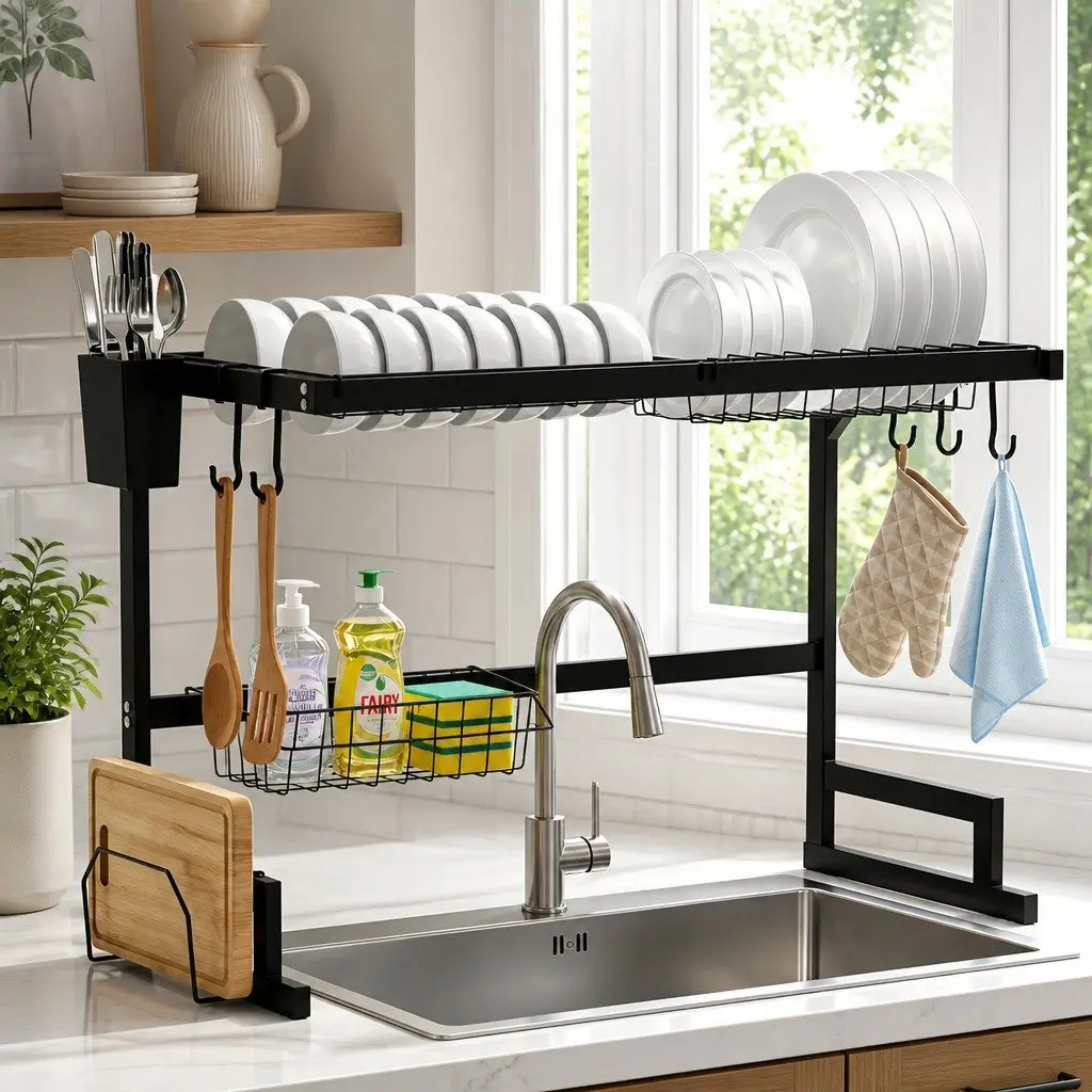 Dish Drying Rack 2 Tier Carbon Steel Over Sink Organiser Black