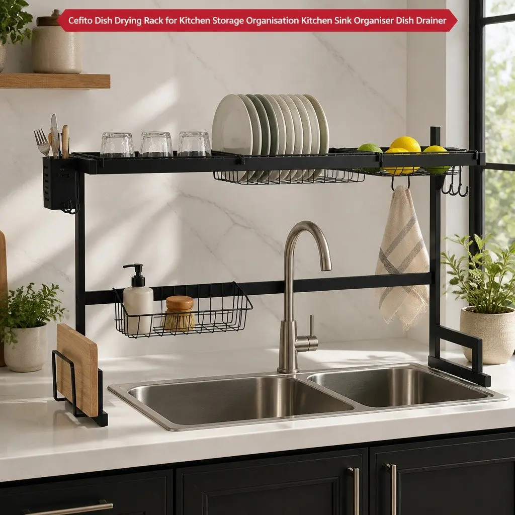 Dish Drying Rack 2 Tier Carbon Steel Over Sink Kitchen Organiser Storage Black