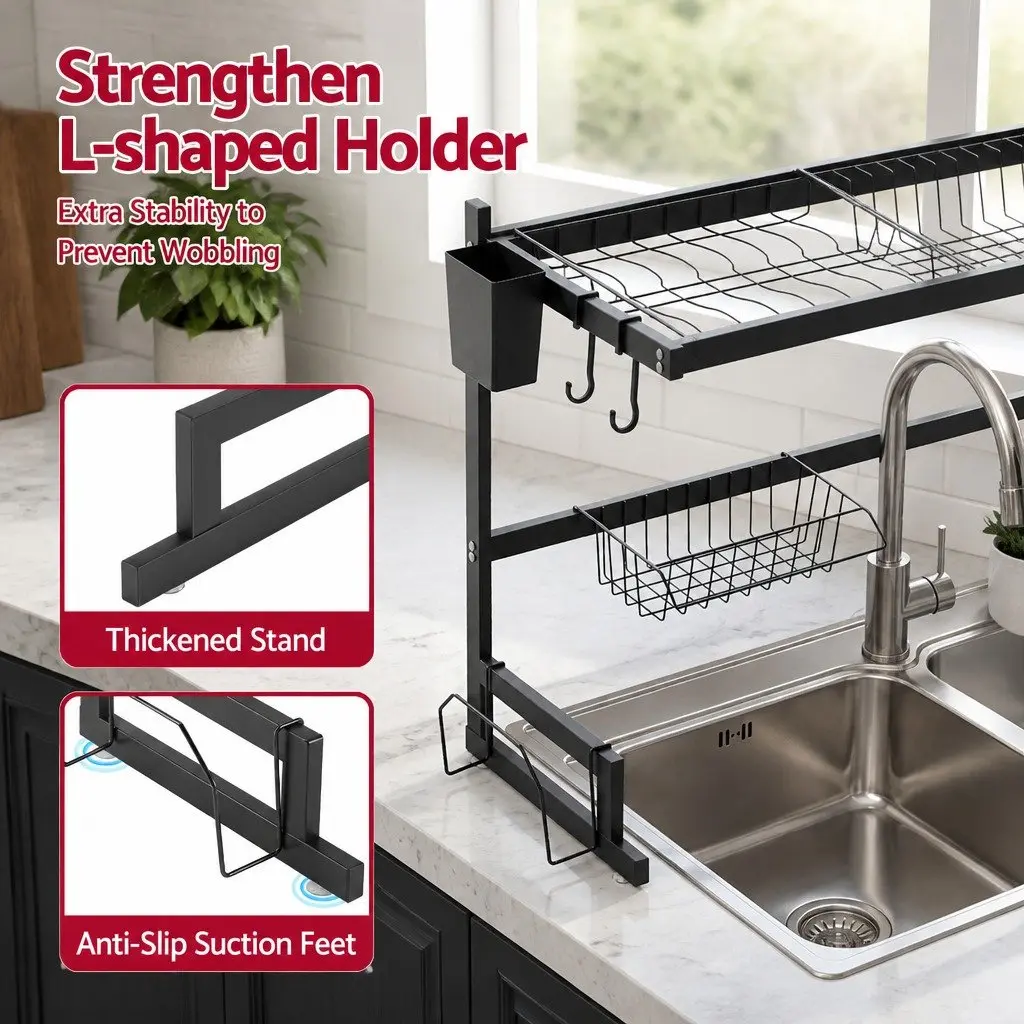 Dish Drying Rack 2 Tier Carbon Steel Over Sink Kitchen Organiser Storage Black