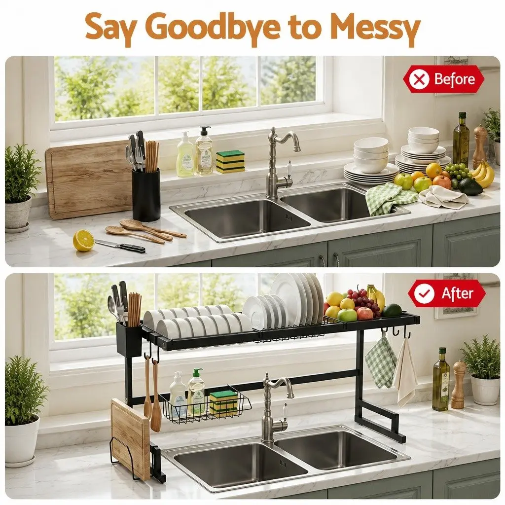 Dish Drying Rack 2 Tier Carbon Steel Over Sink Kitchen Organiser Storage Black