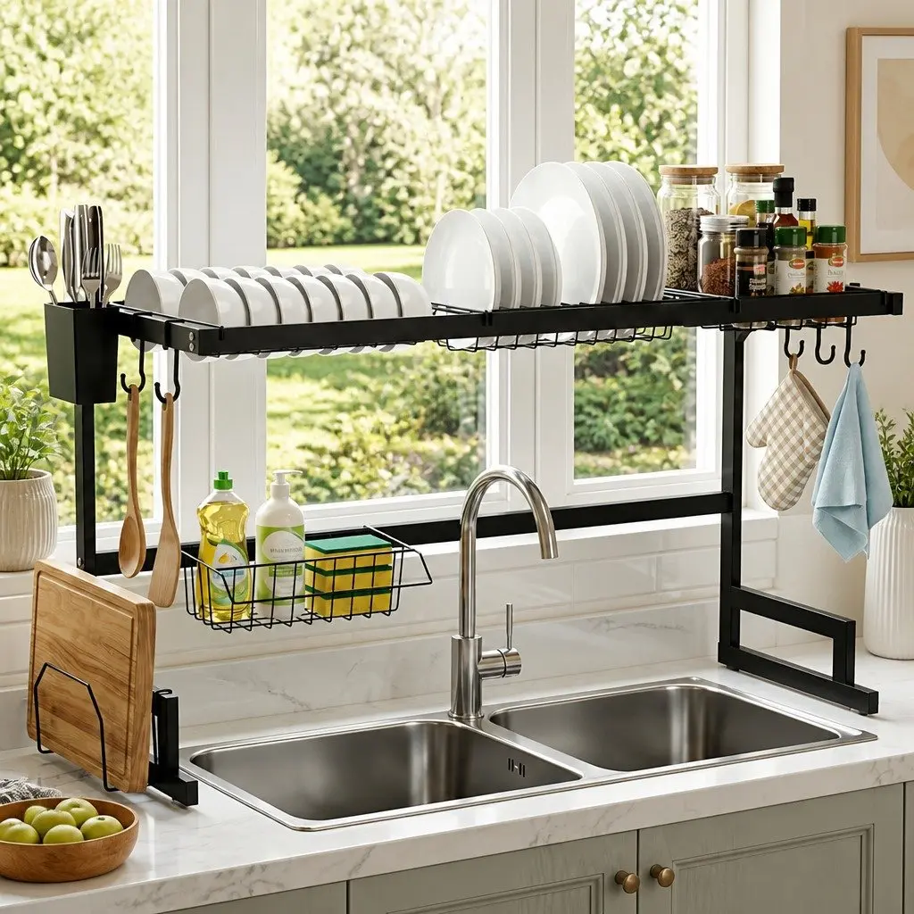 Dish Drying Rack 2 Tier Carbon Steel Over Sink Kitchen Organiser Storage Black