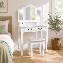 Practical White Dressing Table Set with Mirror and Storage