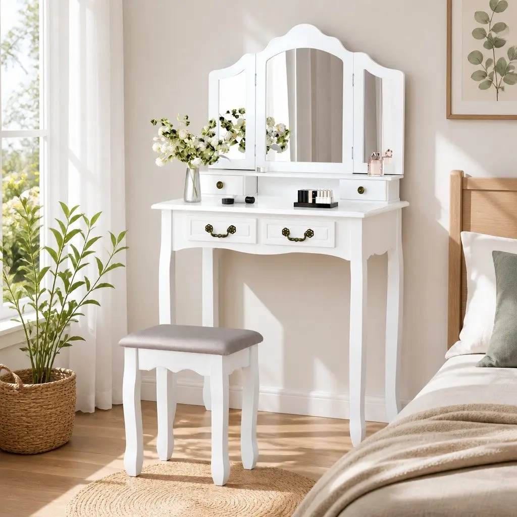 Dressing Table Set White Hardwood MDF Foldable Mirror Padded Stool Four Drawers 79cm x 40cm x 138cm