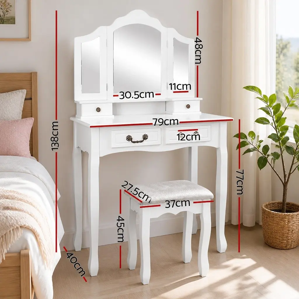 Dressing Table Set White Hardwood MDF Foldable Mirror Padded Stool Four Drawers 79cm x 40cm x 138cm