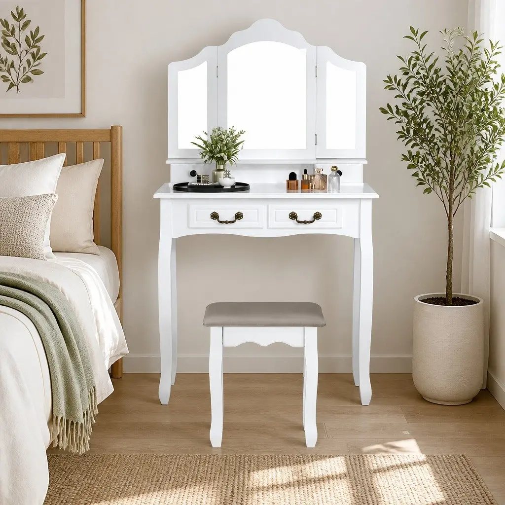 Dressing Table Set White Hardwood MDF Foldable Mirror Padded Stool Four Drawers 79cm x 40cm x 138cm