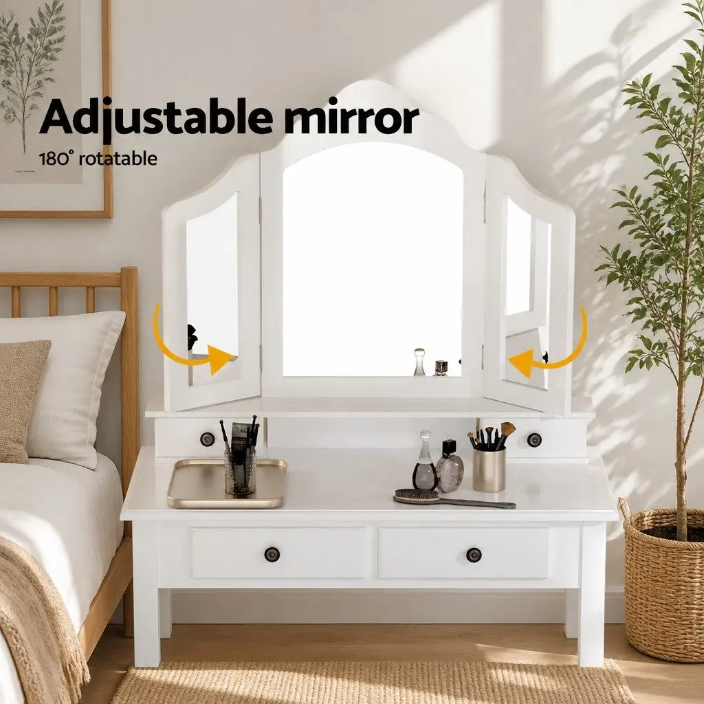 Dressing Table Set White Hardwood MDF Foldable Mirror Padded Stool Four Drawers 79cm x 40cm x 138cm
