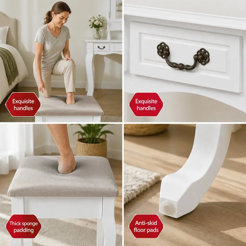 Dressing Table Set White Hardwood MDF Foldable Mirror Padded Stool Four Drawers 79cm x 40cm x 138cm