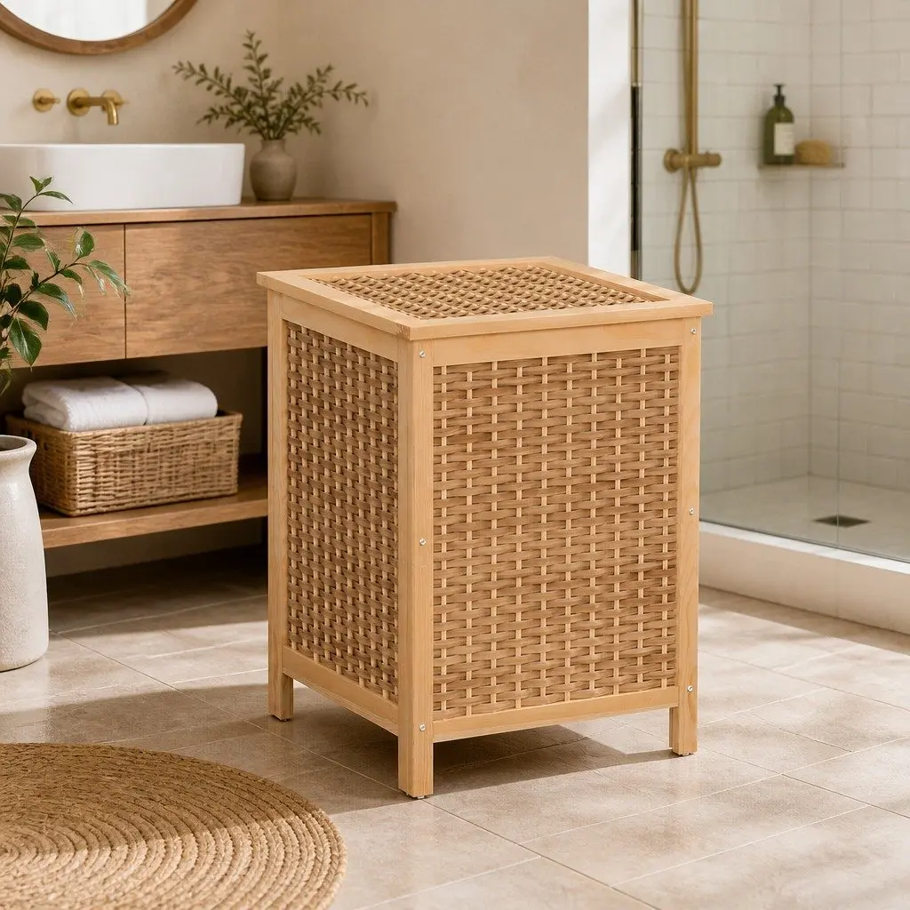 Laundry Hamper Wooden Storage Cabinet Pine Wood Frame Weaved Panels Natural