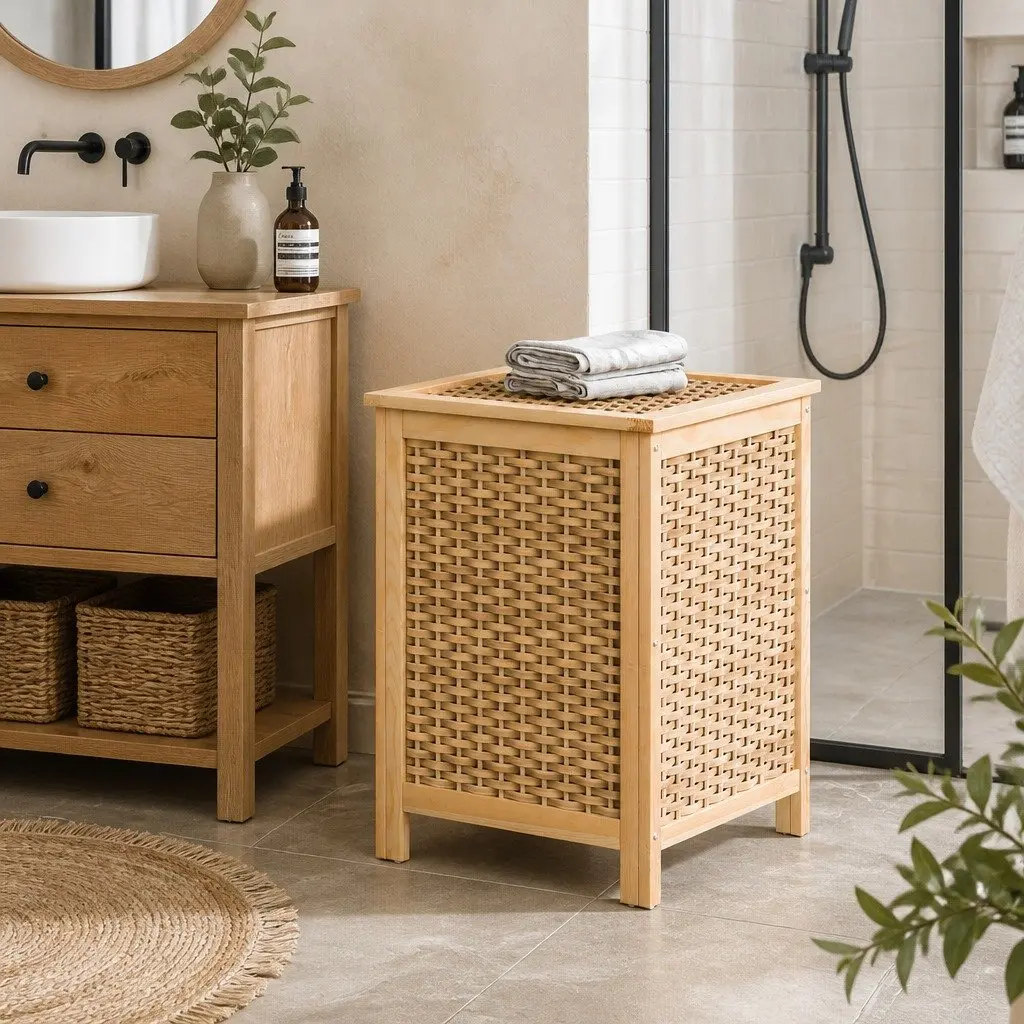 Laundry Hamper Wooden Storage Cabinet Pine Wood Frame Weaved Panels Natural