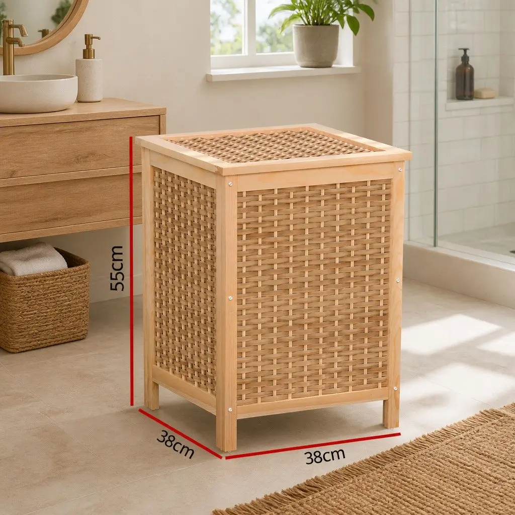 Laundry Hamper Wooden Storage Cabinet Pine Wood Frame Weaved Panels Natural