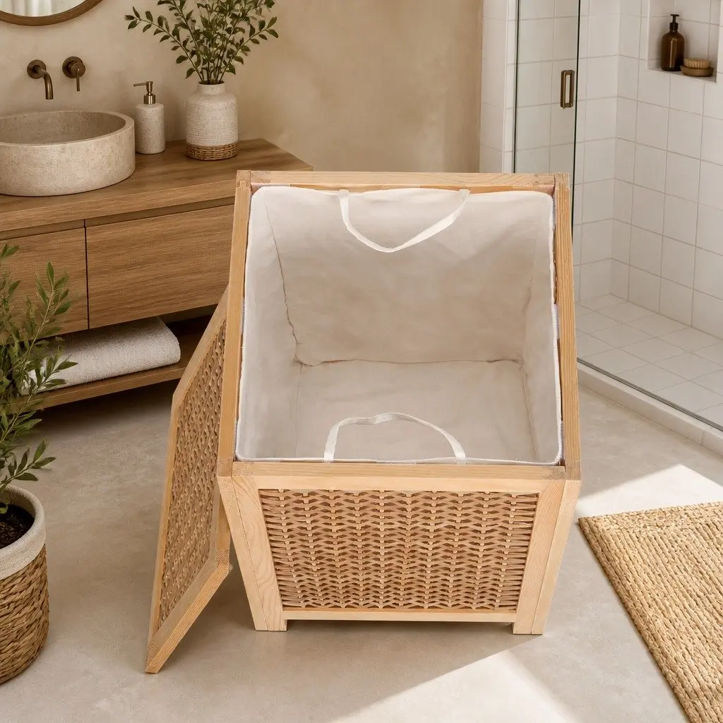 Laundry Hamper Wooden Storage Cabinet Pine Wood Frame Weaved Panels Natural