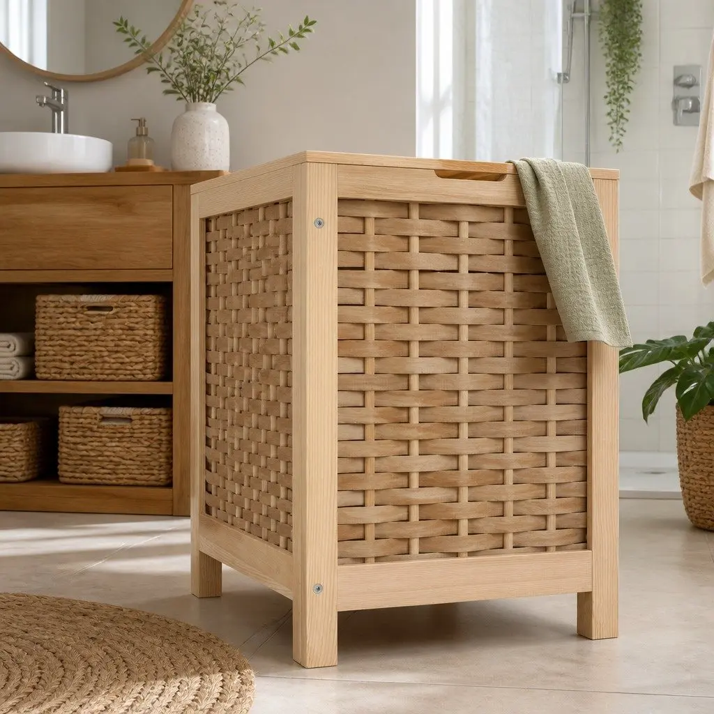 Laundry Hamper Wooden Storage Cabinet Pine Wood Frame Weaved Panels Natural
