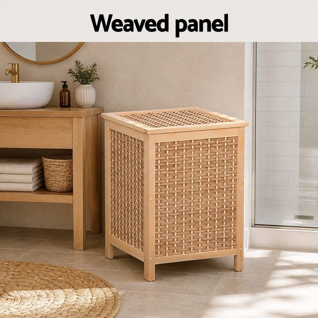 Laundry Hamper Wooden Storage Cabinet Pine Wood Frame Weaved Panels Natural
