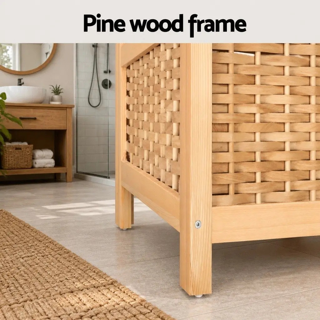 Laundry Hamper Wooden Storage Cabinet Pine Wood Frame Weaved Panels Natural