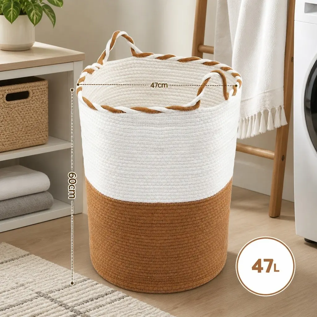 Woven Laundry Basket with Handles Foldable Cotton Rope Storage Hamper 47L