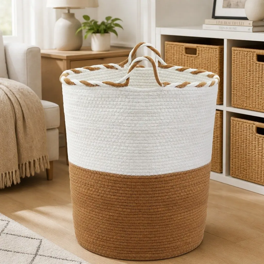 Woven Laundry Basket with Handles Foldable Cotton Rope Storage Hamper 47L