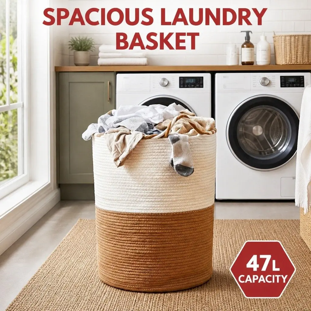 Woven Laundry Basket with Handles Foldable Cotton Rope Storage Hamper 47L