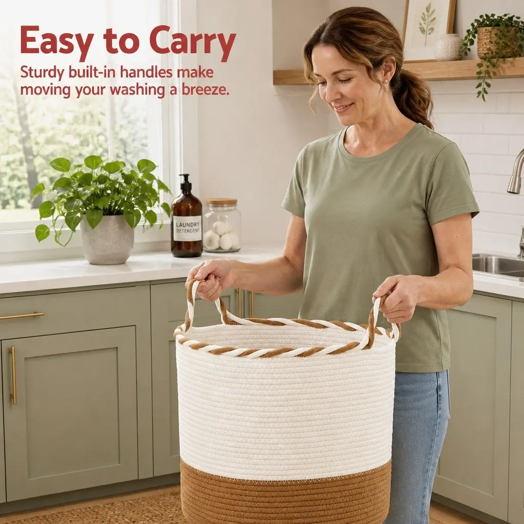Woven Laundry Basket with Handles Foldable Cotton Rope Storage Hamper 47L