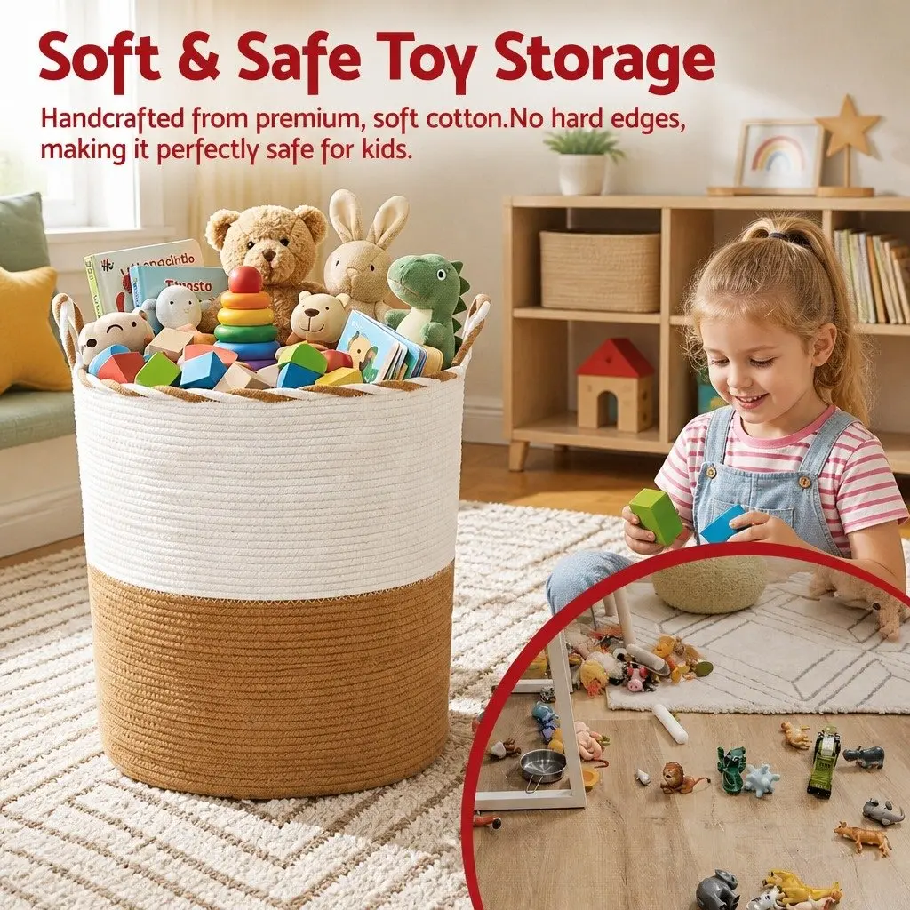 Woven Laundry Basket with Handles Foldable Cotton Rope Storage Hamper 47L