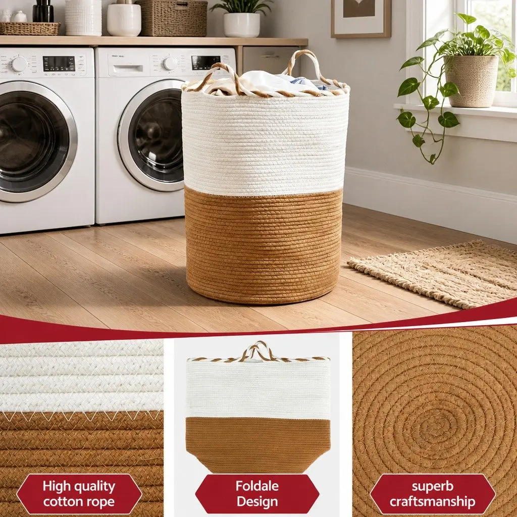 Woven Laundry Basket with Handles Foldable Cotton Rope Storage Hamper 47L