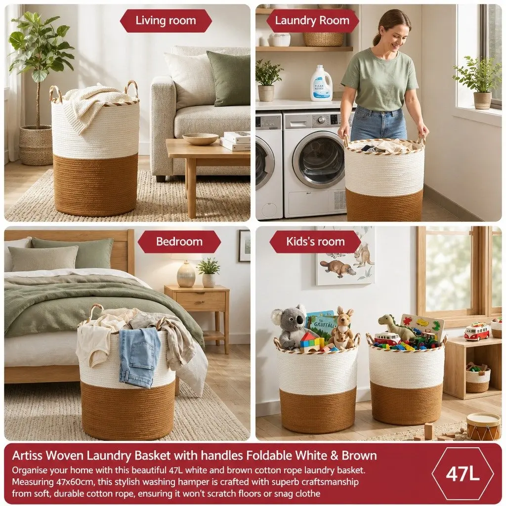 Woven Laundry Basket with Handles Foldable Cotton Rope Storage Hamper 47L