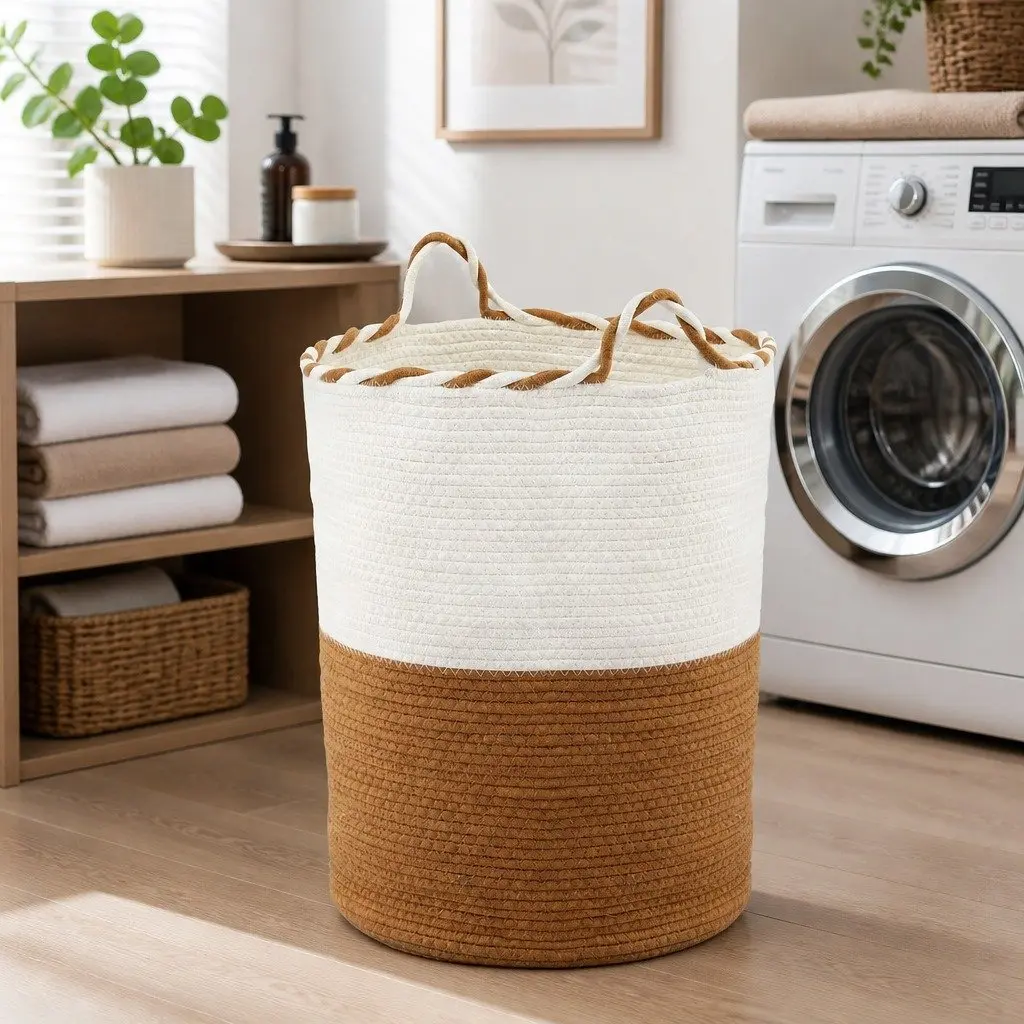 Woven Laundry Basket with Handles Foldable Cotton Rope Storage Hamper 47L