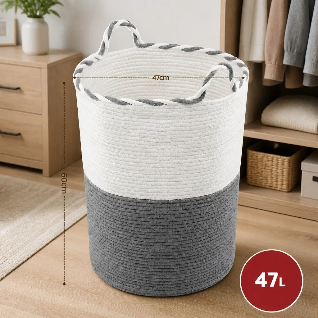 Woven Laundry Basket Cotton Rope 47L White Grey 47x60cm Foldable Storage Hamper with Handles