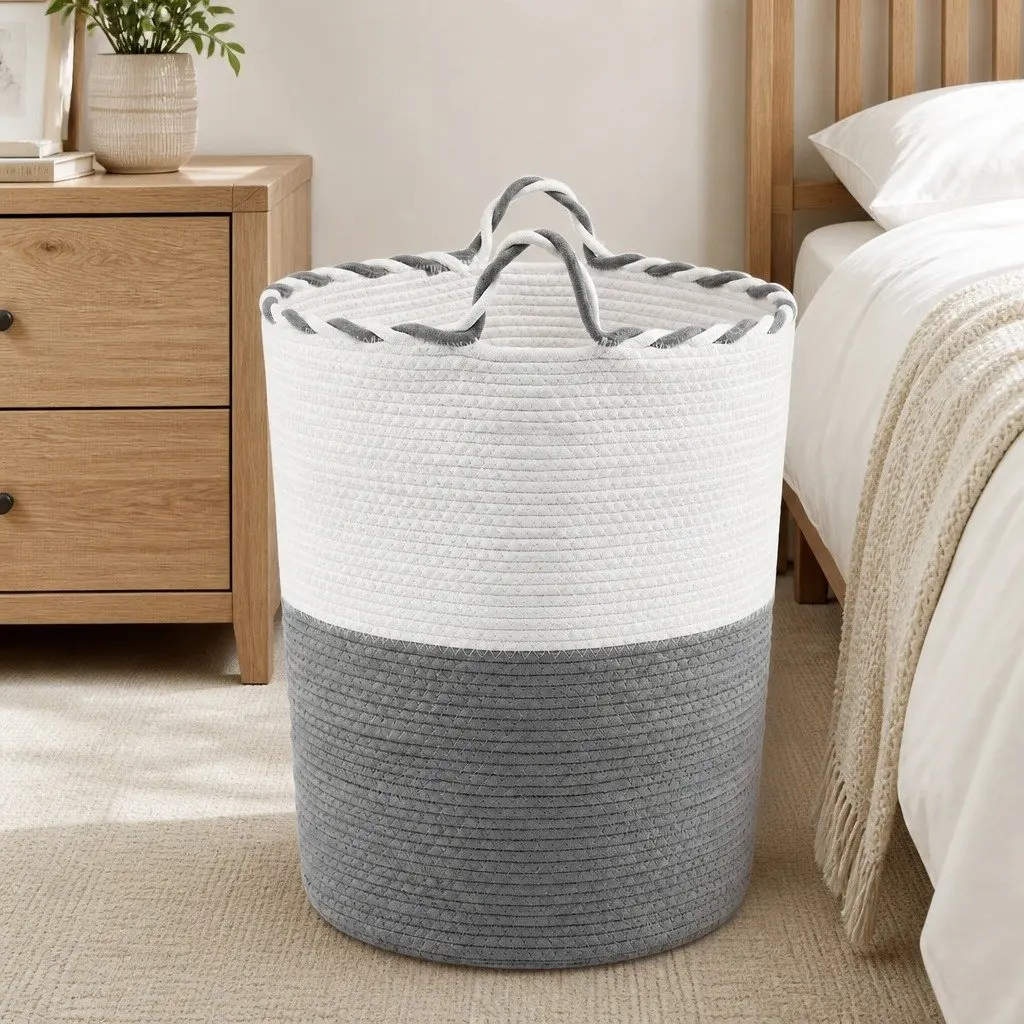 Woven Laundry Basket Cotton Rope 47L White Grey 47x60cm Foldable Storage Hamper with Handles