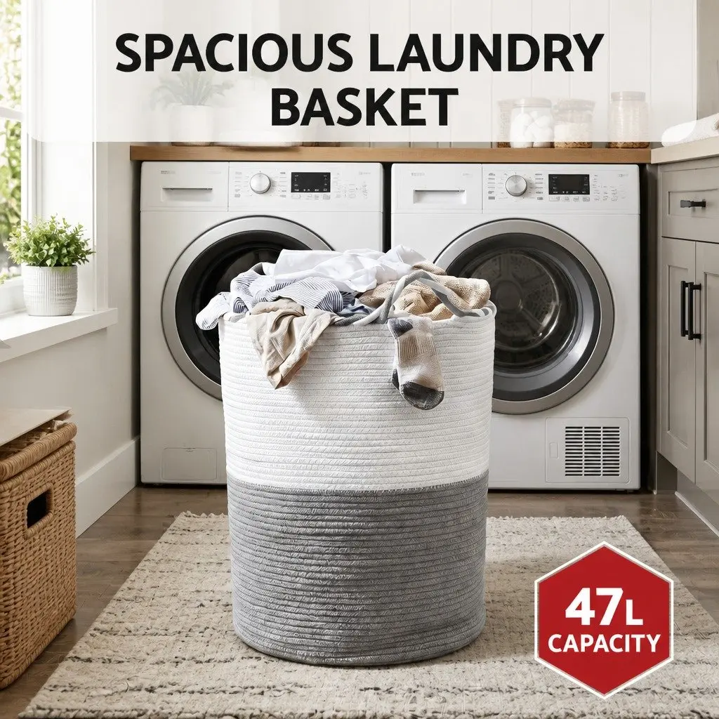 Woven Laundry Basket Cotton Rope 47L White Grey 47x60cm Foldable Storage Hamper with Handles