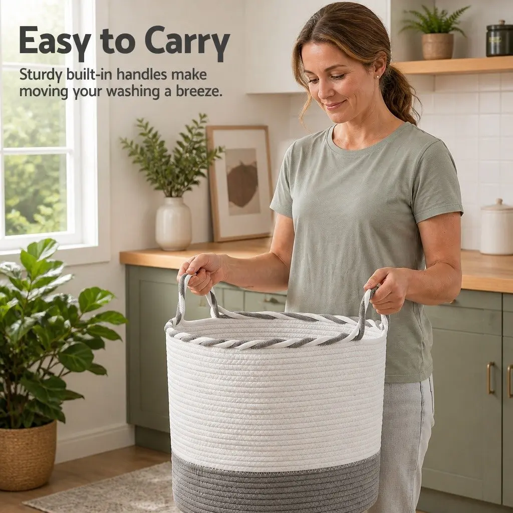 Woven Laundry Basket Cotton Rope 47L White Grey 47x60cm Foldable Storage Hamper with Handles
