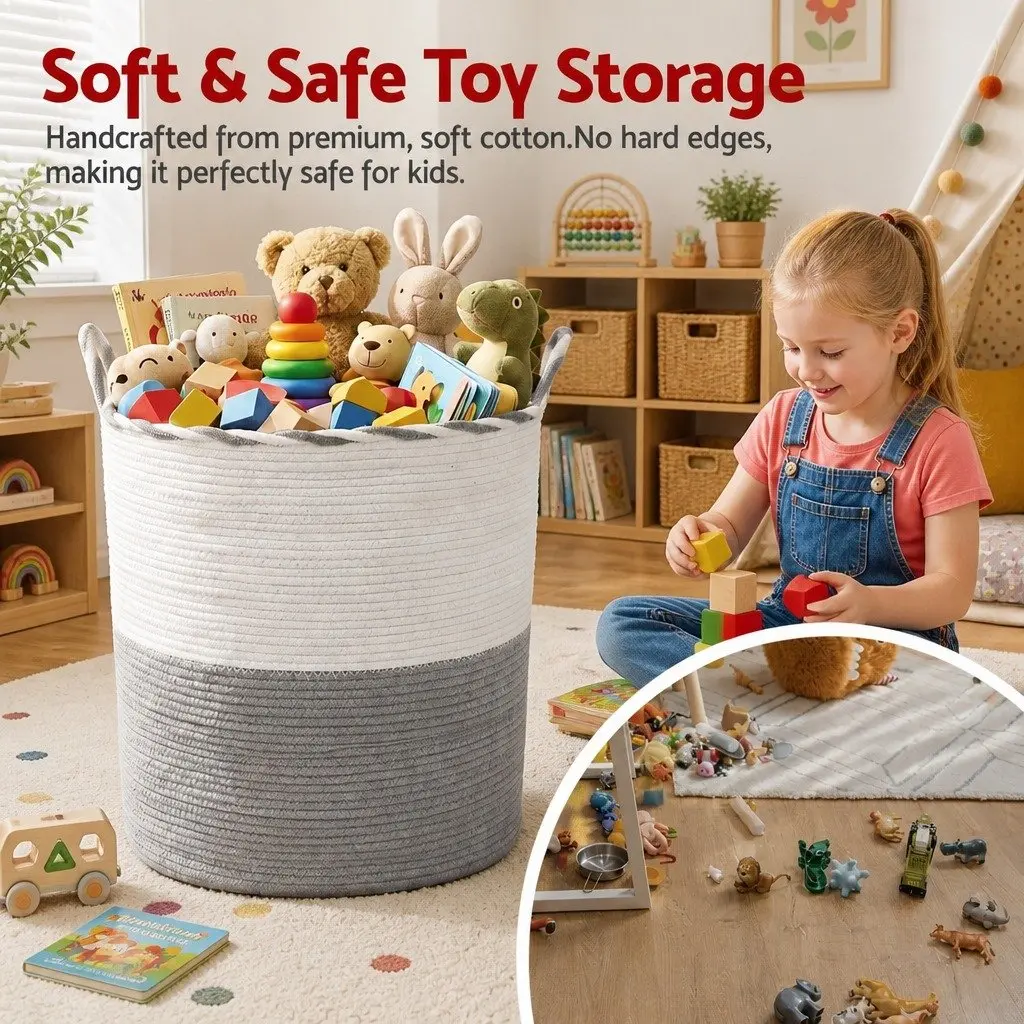Woven Laundry Basket Cotton Rope 47L White Grey 47x60cm Foldable Storage Hamper with Handles