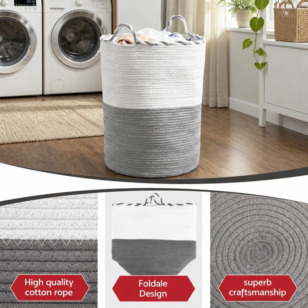 Woven Laundry Basket Cotton Rope 47L White Grey 47x60cm Foldable Storage Hamper with Handles