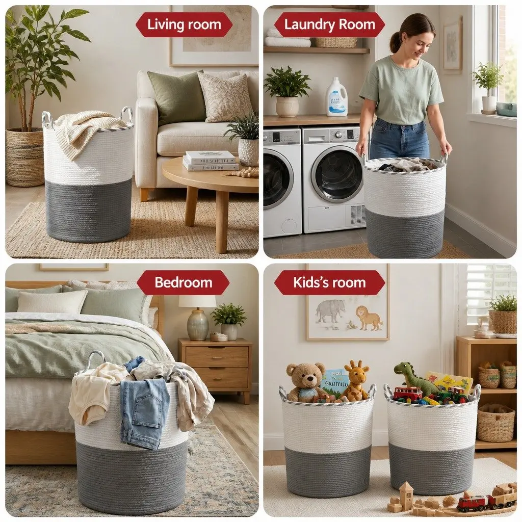 Woven Laundry Basket Cotton Rope 47L White Grey 47x60cm Foldable Storage Hamper with Handles