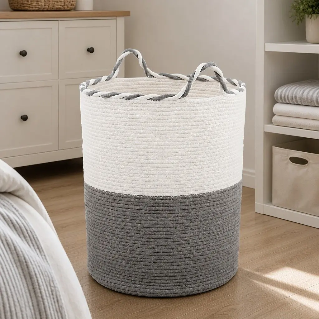 Woven Laundry Basket Cotton Rope 47L White Grey 47x60cm Foldable Storage Hamper with Handles
