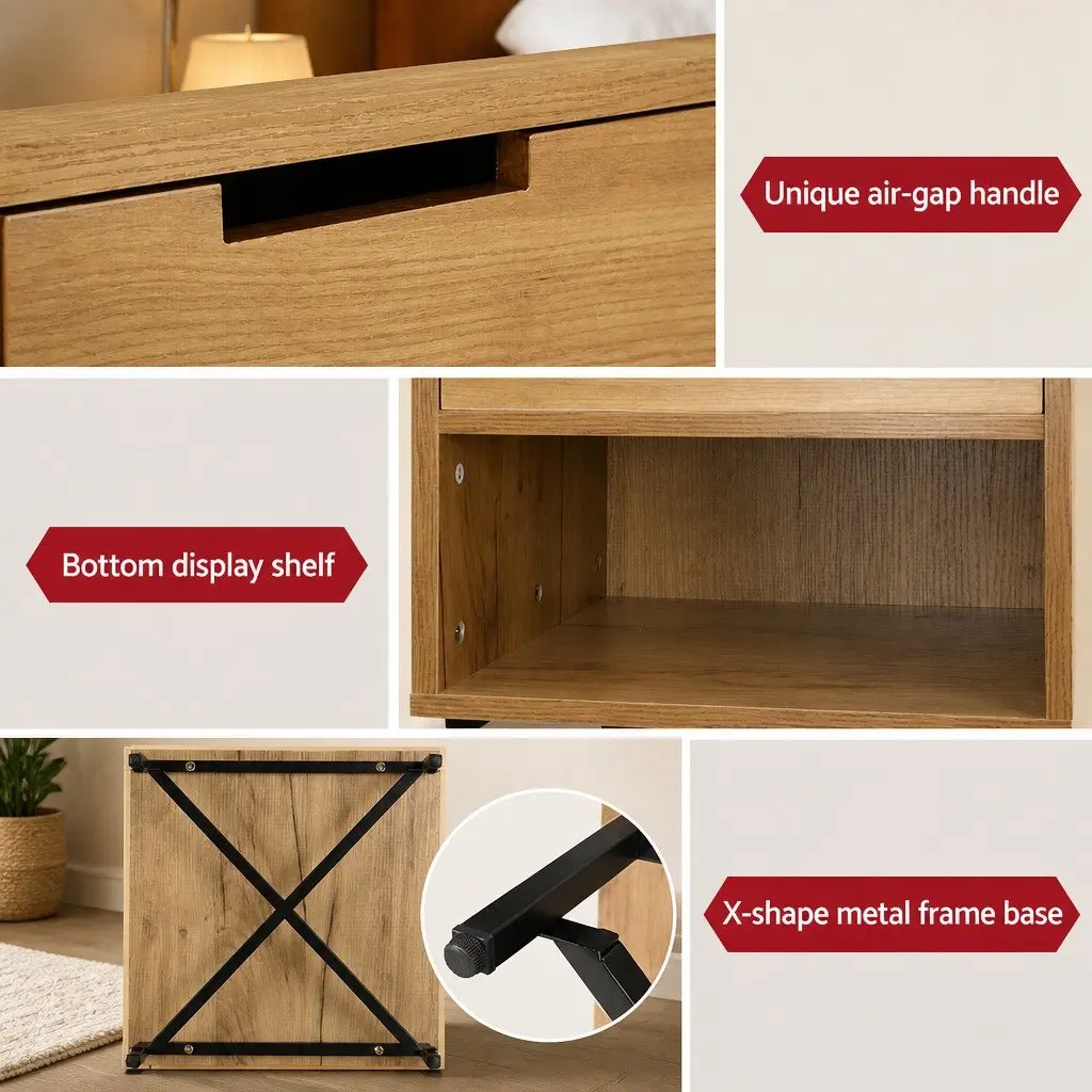 Bedside Table with Drawers Side Table Shelf Storage Nightstand Rustic Oak