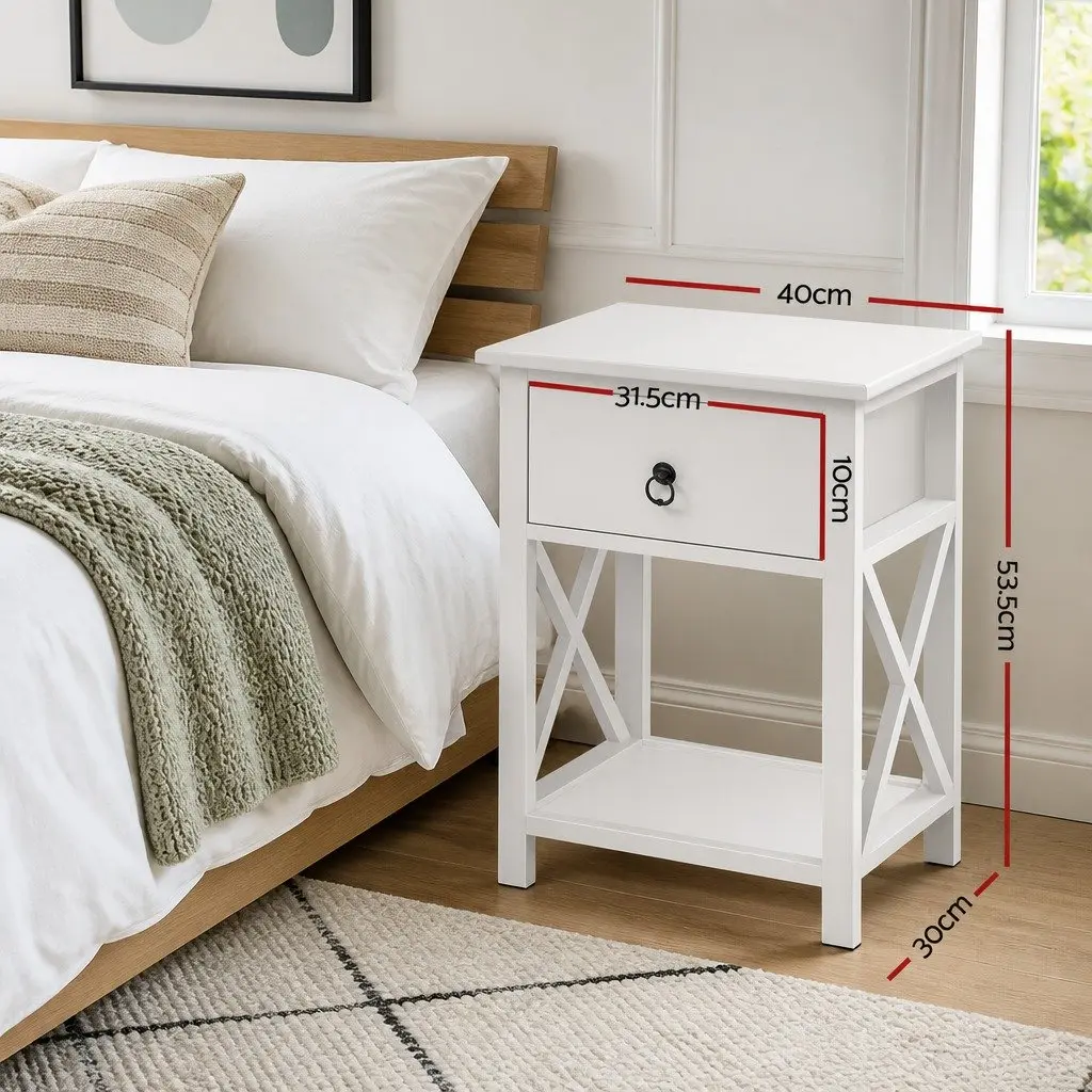 Bedside Table Rustic Paulownia Wood 40cm x 30cm x 53.5cm White Nightstand with Drawer and Shelf