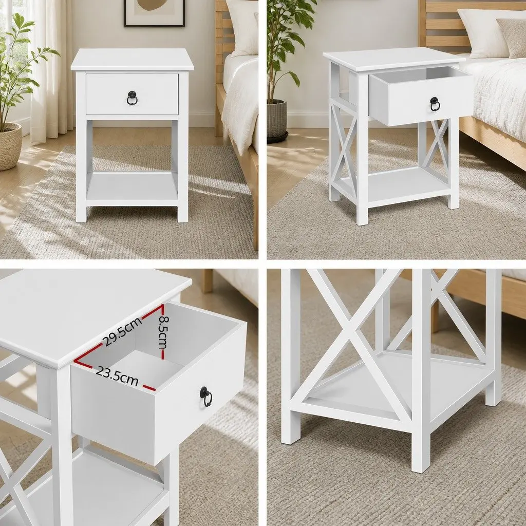 Bedside Table Rustic Paulownia Wood 40cm x 30cm x 53.5cm White Nightstand with Drawer and Shelf