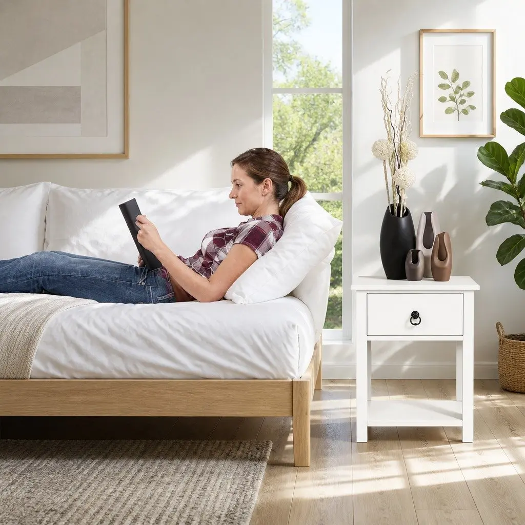 Bedside Table Rustic Paulownia Wood 40cm x 30cm x 53.5cm White Nightstand with Drawer and Shelf