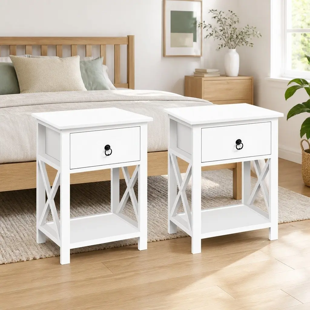 Bedside Table Rustic Paulownia Wood 40cm x 30cm x 53.5cm White Nightstand with Drawer and Shelf