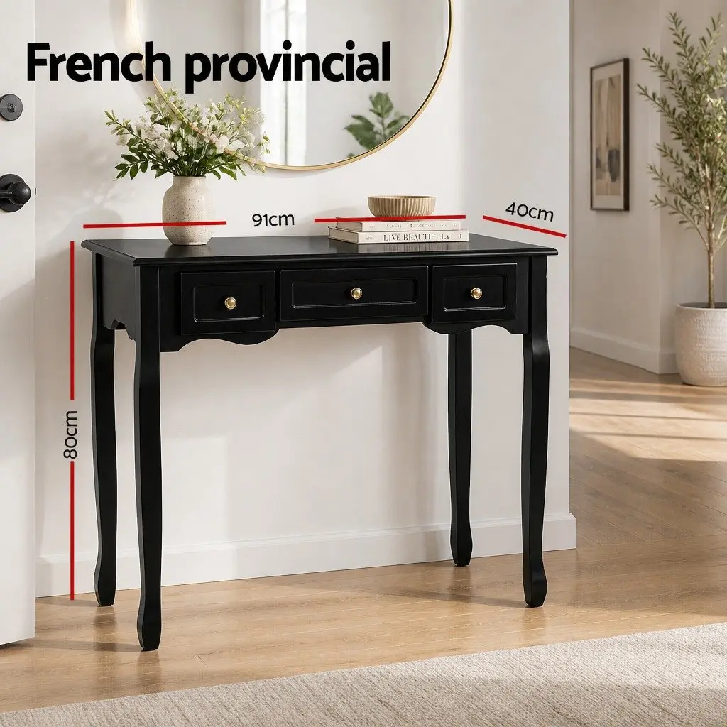 Console Table MDF and Paulownia Wood 91cm Black French Provincial with 3 Drawers