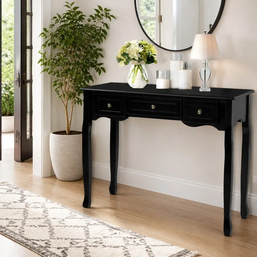 Console Table MDF and Paulownia Wood 91cm Black French Provincial with 3 Drawers