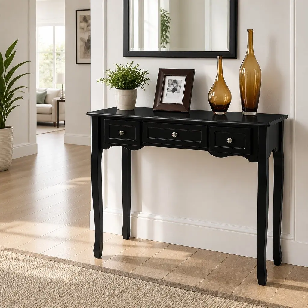 Console Table MDF and Paulownia Wood 91cm Black French Provincial with 3 Drawers